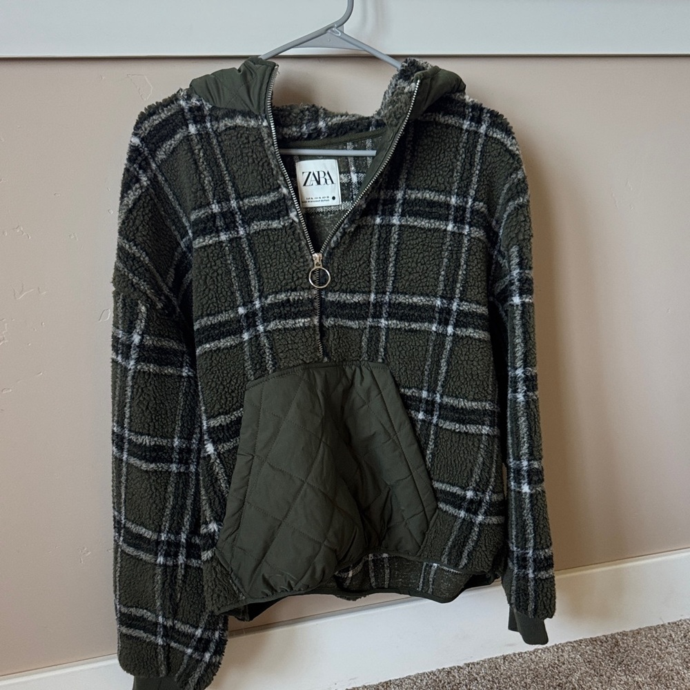 Zara Olive Plaid Sherpa Jacket